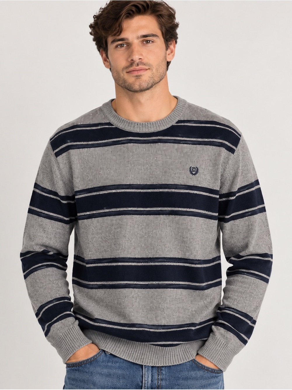 Chaps Men’s M Gray Navy Striped 100% Cotton Crewneck Sweater